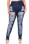 High Waisted Super Distressed Plus Size Skinny Jeans - Dark Denim